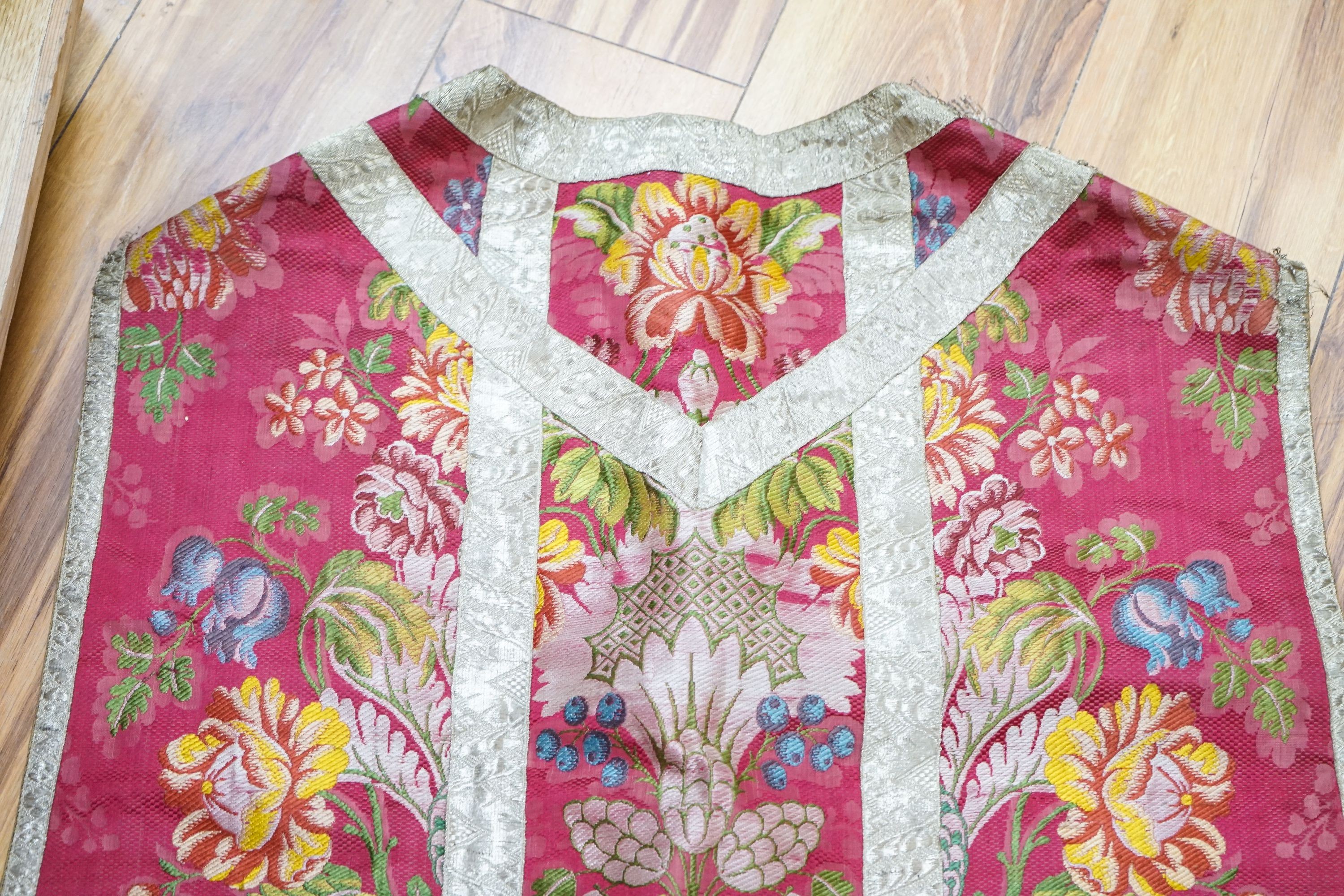 A woven silk ecclesiastical cope vestment and a pink silk shawl (2)